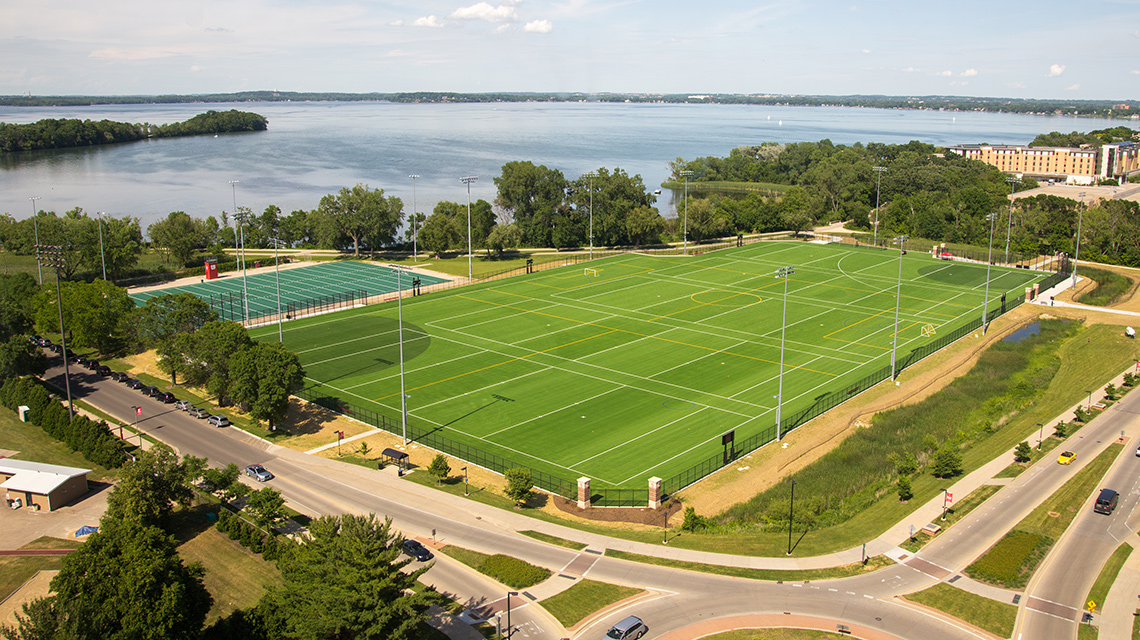 Aerial view of the Near West Fields, a turf complex marked for baseball, softball, flag football, soccer, lacrosse, and more.