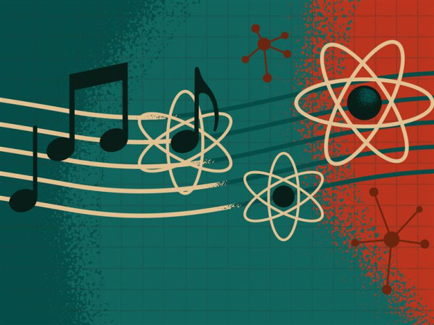 An abstract illustration combining musical notes on staff lines with atom-like shapes and molecular graphics in teal and red tones.