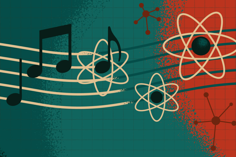 An abstract illustration combining musical notes on staff lines with atom-like shapes and molecular graphics in teal and red tones.