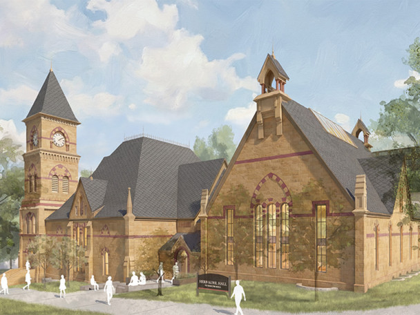 A drawn rendering shows the updated exterior of Music Hall.