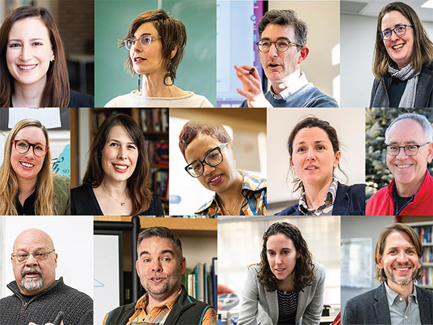 A collage of 13 photos shows the faces of this year's 13 Distinguished Teaching Award winners