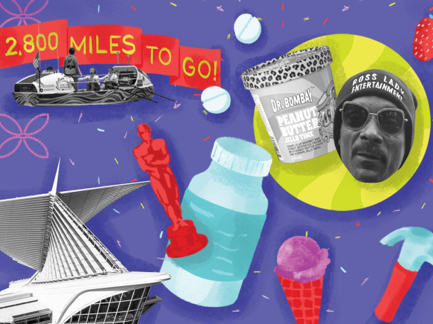 Illustrated collage on a purple background combining a grayscale image of Snoop Dogg's face, a boat with '2,800 miles to go' text, the Milwaukee Art Museum, and colorful items like tools, pills, ice cream, and fruit arranged in a playful, graphic style.