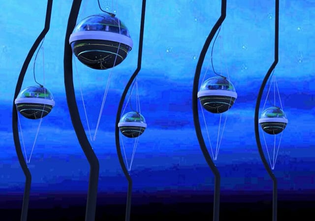 An artist's rendering of Ice Cube's strings of photomultiplier tubes installed in the Antarctic ice.