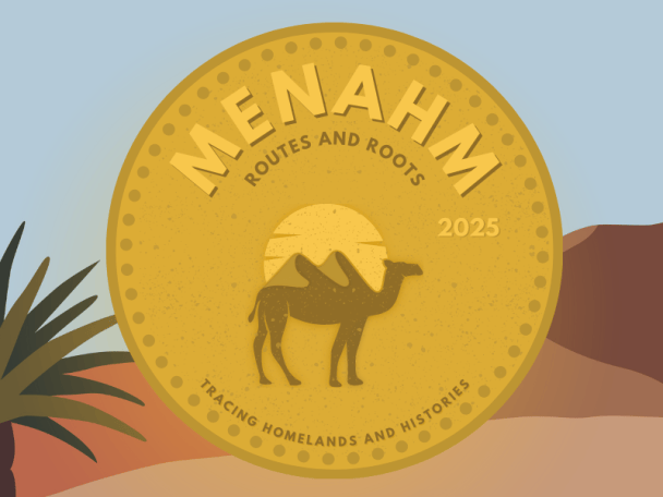 Image for the 2025 Middle Eastern and North African Heritage Month at UW-Madison, featuring a desert scene with a camel, mountains and two palm trees.