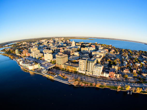 An aerial view of Madison's isthmus.