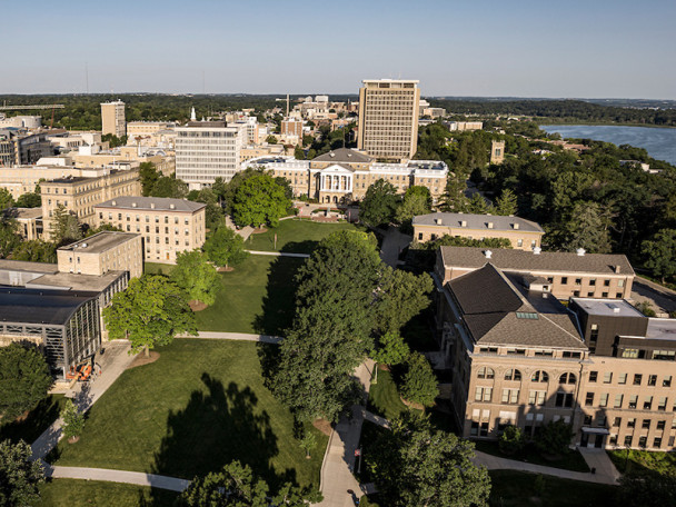 Aerial view of campus looking west up Bascom Hill.