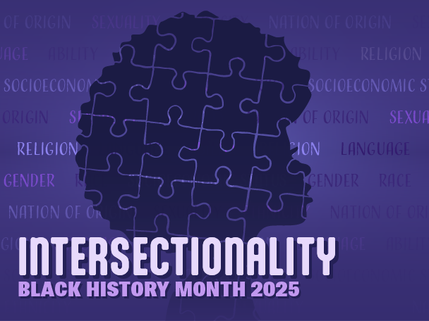 Illustration of a woman's profile, seen as a puzzle, against a background of words related to Black History. It reads 'Intersectionality: Black History Month 2025'.