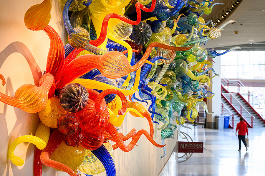 Close-up of colorful Chihuly glass sculptures.