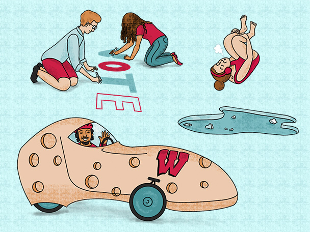 Illustration of students engaged in various hobbies: chalking a vote sign, jumping into a mostly-frozen lake, and steering a human-powered vehicle.